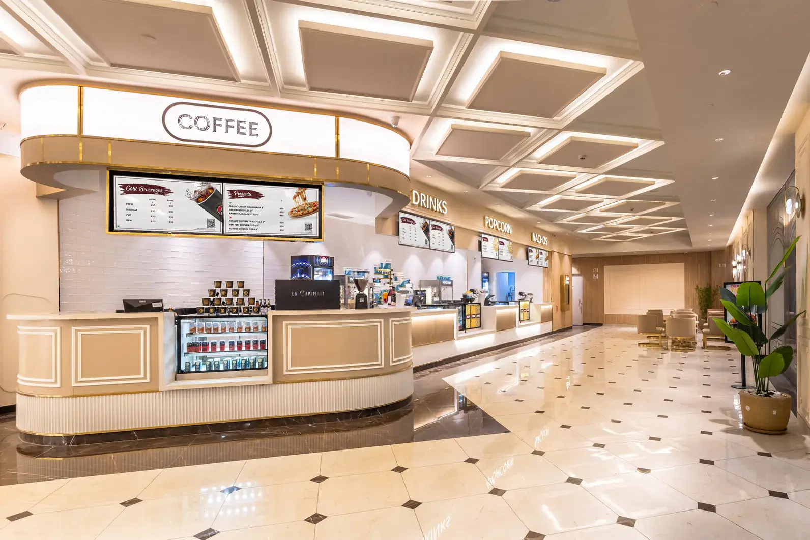 Elegant food and beverage counter inside a 1 Cinemas venue